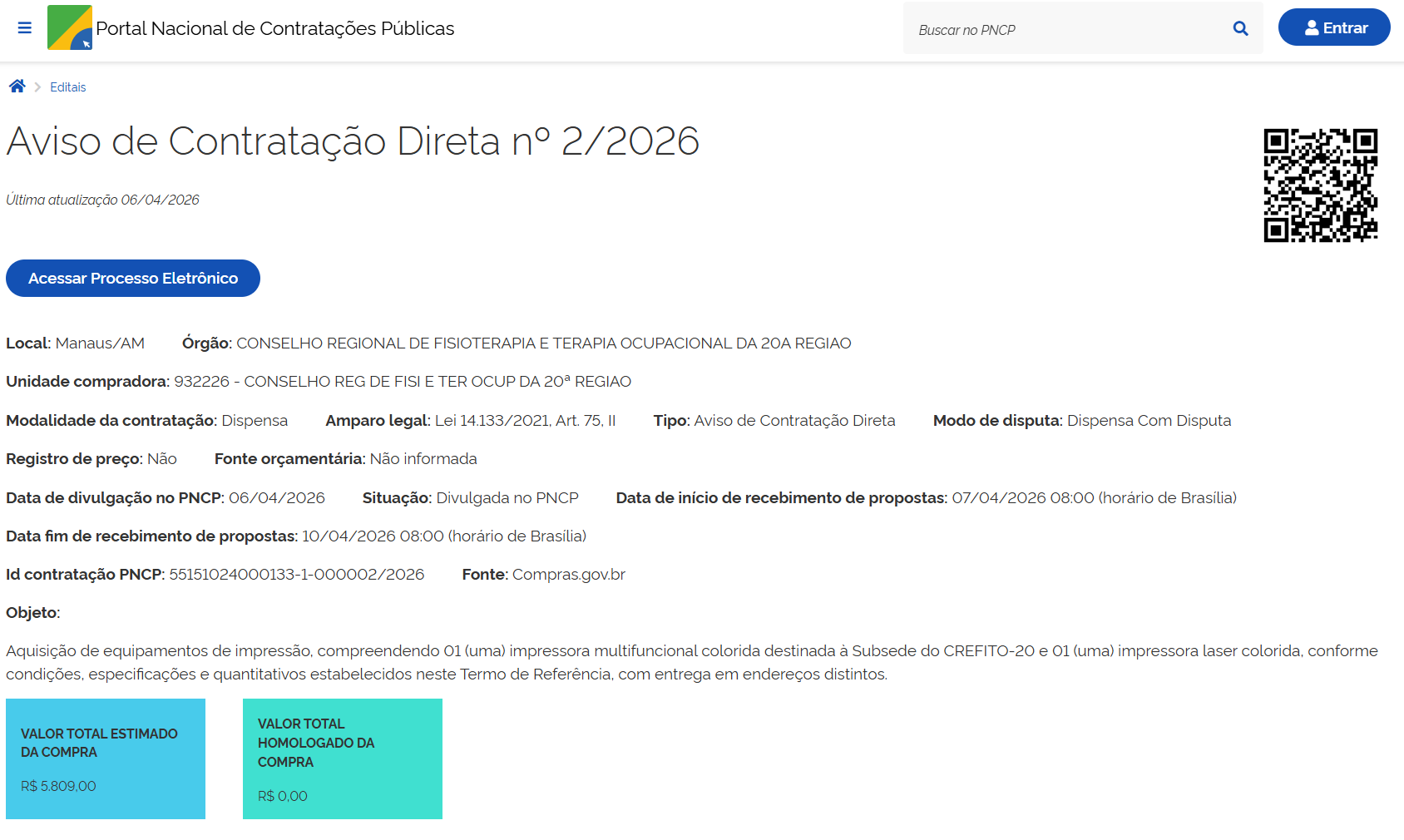 Aviso de Contratação Direta - PNCP